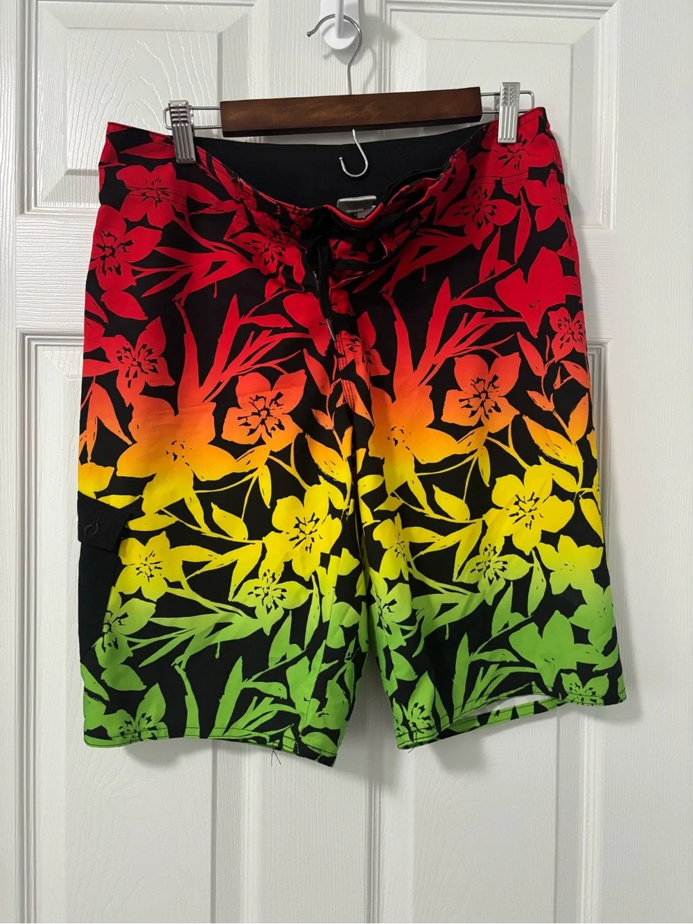 Hang Ten Black Swim Board Shorts with Red, Orange & Green Floral Gradient